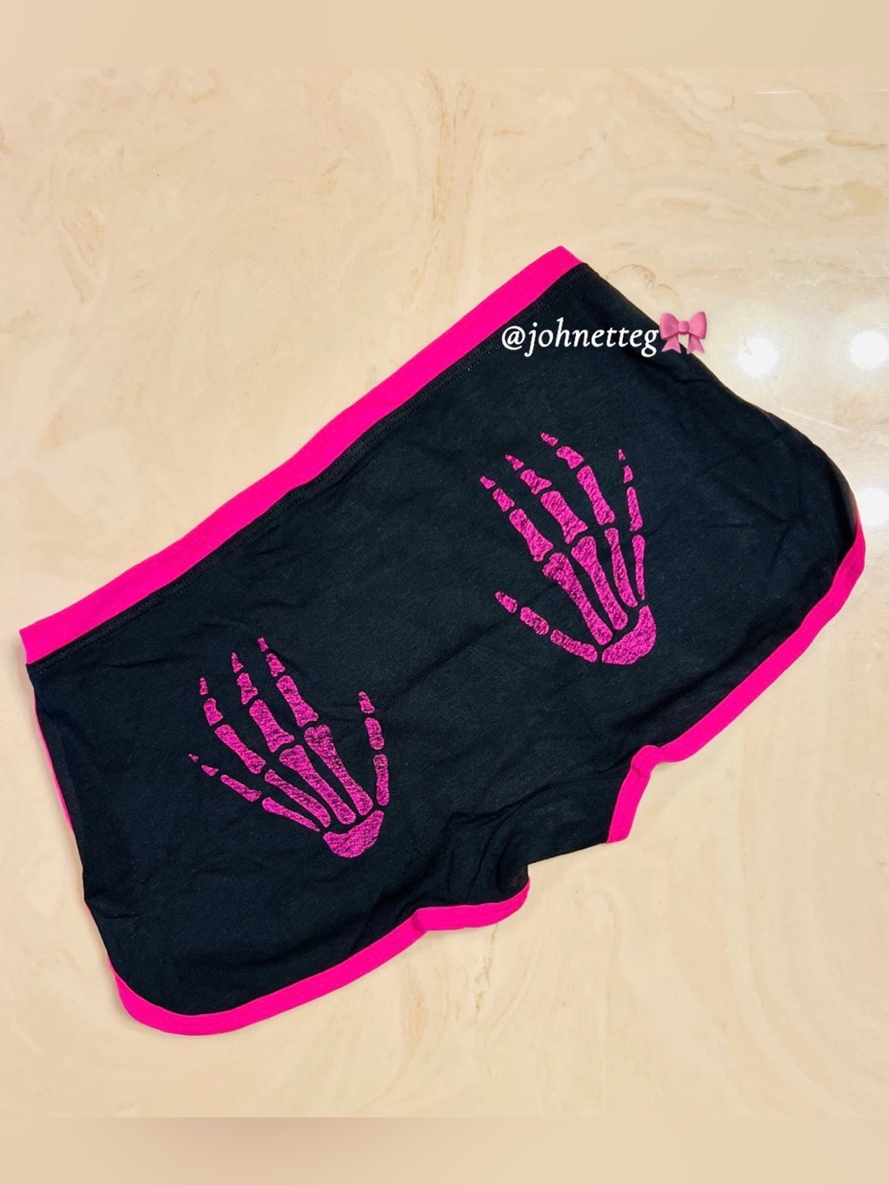 ☠️VICTORIA’S SECRET PINK Cotton Dorm Boyshorts Black Hot Pink Skeleton Hands L